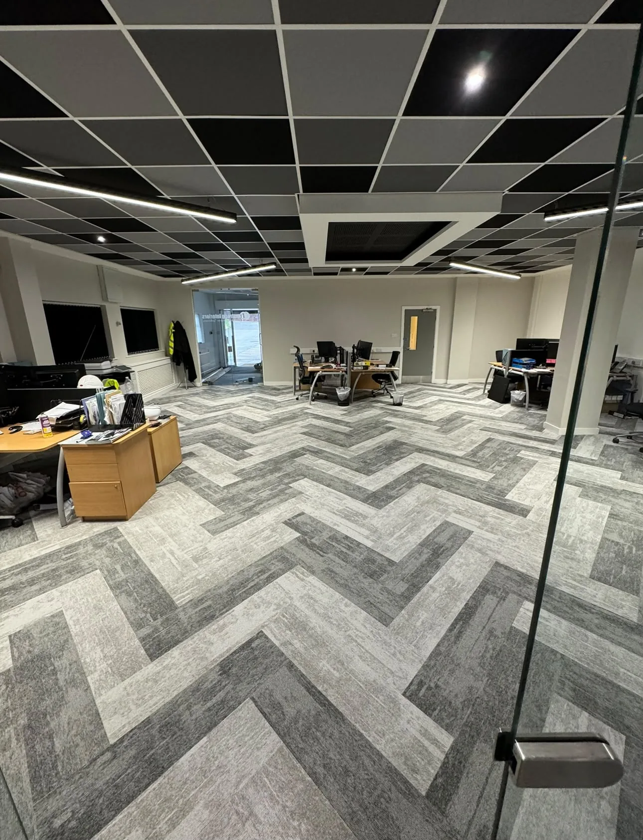 Herringbone carpet tiles fitted across an open-plan office, Signature Carpets and Flooring, Greater Manchester