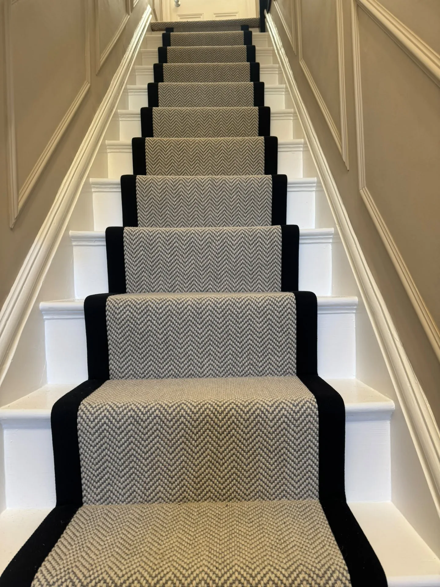 Beige and grey patterned stair runner with black borders, Signature Carpets and Flooring, Greater Manchester
