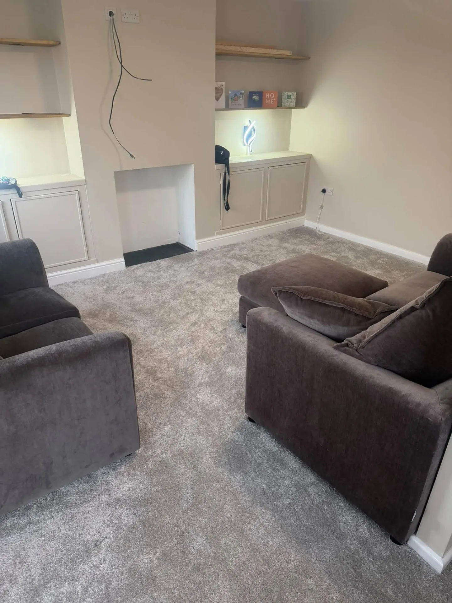 New grey carpet fitted in a furnished living room, Signature Carpets and Flooring, Greater Manchester