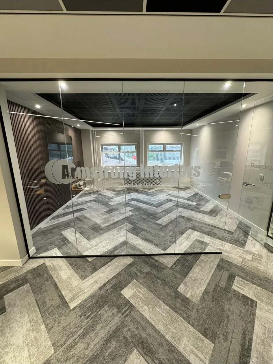 Herringbone carpet tiles fitted in an office boardroom, Signature Carpets and Flooring, Greater Manchester