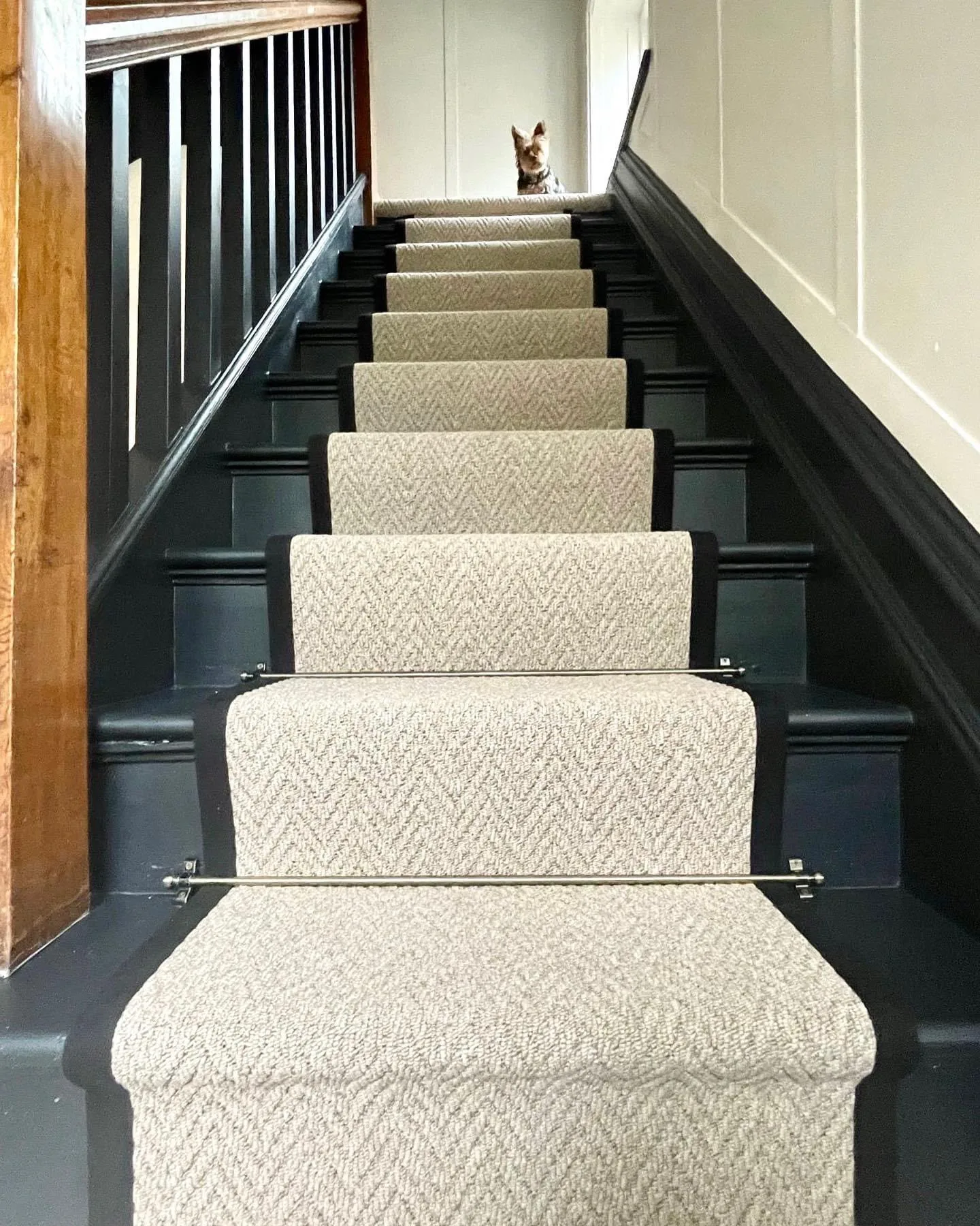 Light stair runner held with metal stair rods on a dark staircase, Signature Carpets and Flooring, Greater Manchester